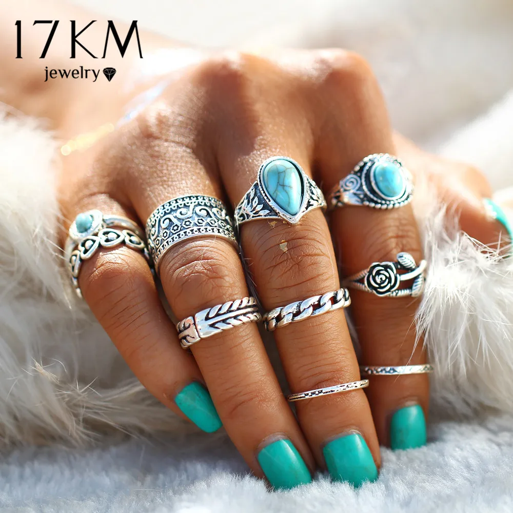 17 КМ Vintage 2 Цвет Розы Сердце Midi Кольцо Устанавливает Boho Пляж Anillos урожай Тибетский Цветок Костяшки Кольца для