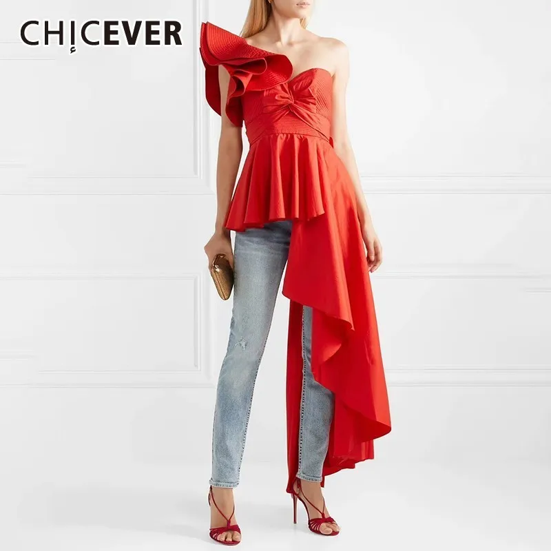 Женская футболка CHICEVER летняя уличная с одним плечом ассиметричная оборками