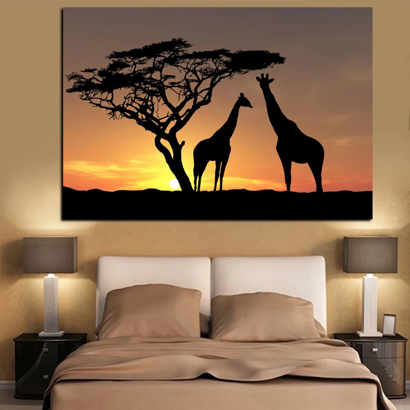 Картина маслом на холсте с изображением оленя, жирафа и заката в стиле HD Print. Поп-арт. Современный постер с животными на стену для гостиной. Картина для живой комнаты "Cuadros".