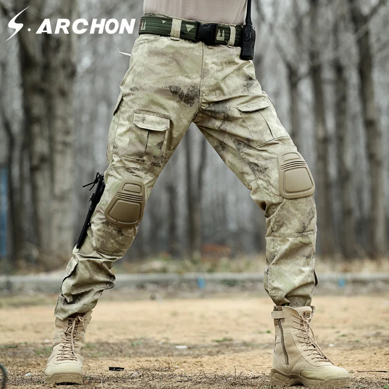 S. ARCHON US военные камуфляжные мужские хлопковые брюки с эластичным поясом, мульти карманные армейские тактические штаны, форменные брюки с наколенниками