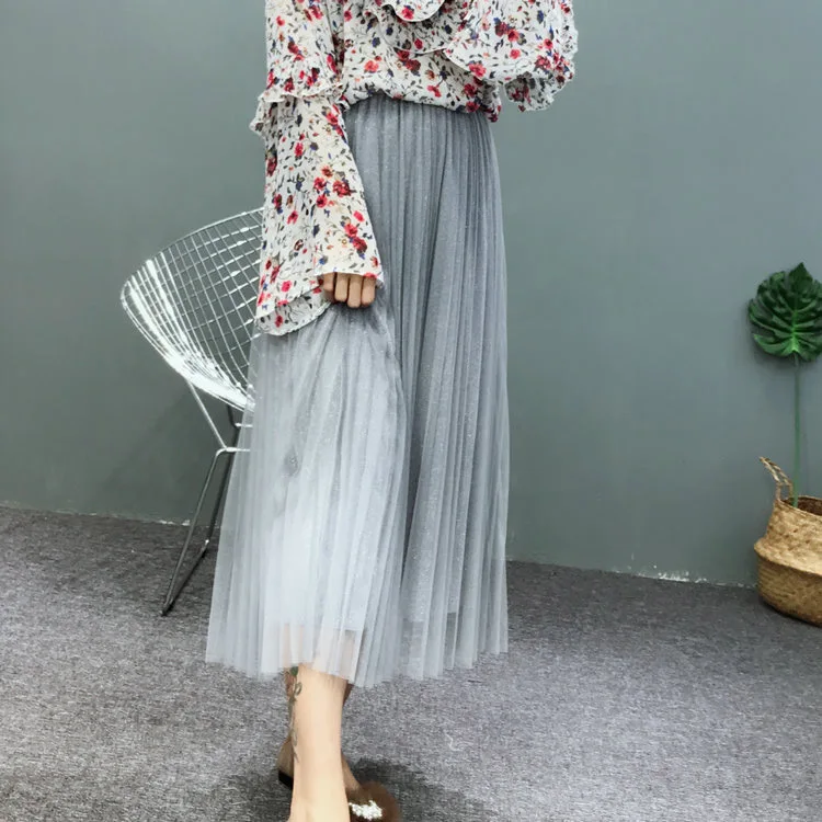 Женские блестящие юбки ALPHALMODA плиссированные длинные до середины икры для весны и