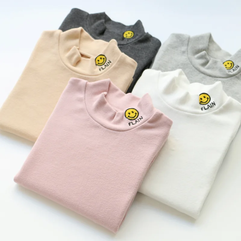 

2018 Cotton Toddler Girl Tops Smiley Pattern Embroidery T-shirt For Girls Solid Color Stand Collar Long Sleeve Baby Kids Clothes