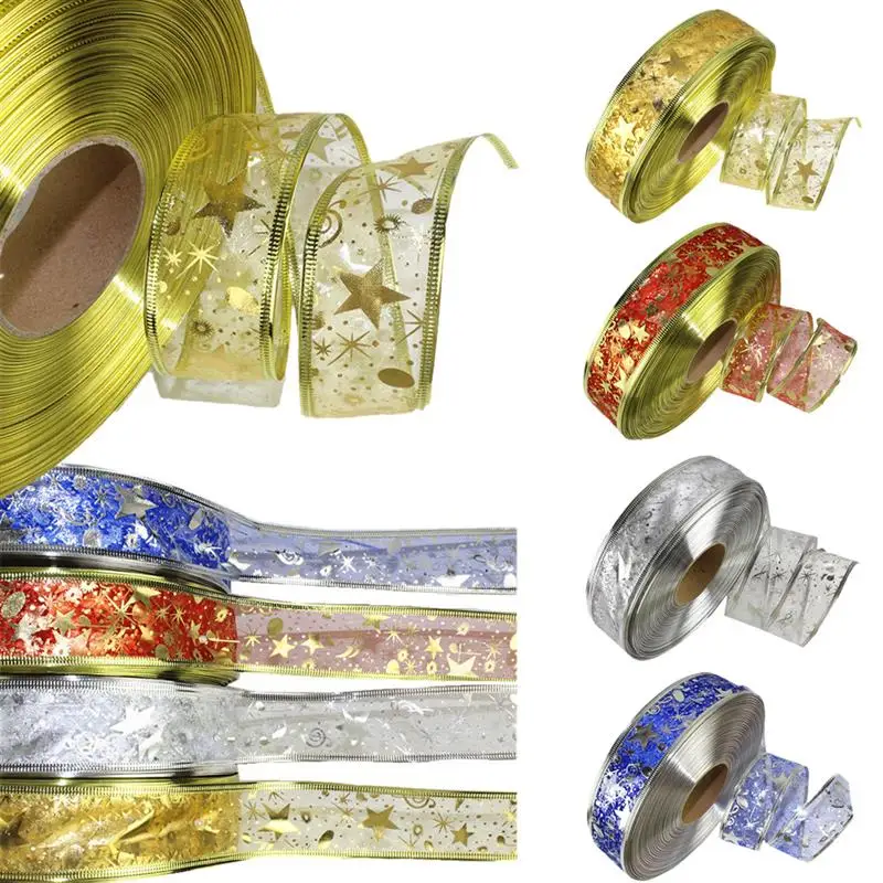 

FunPa 100 Yards Christmas Ribbon Glitter Circle Star Patterned Ribbon Christmas Tree Decoration