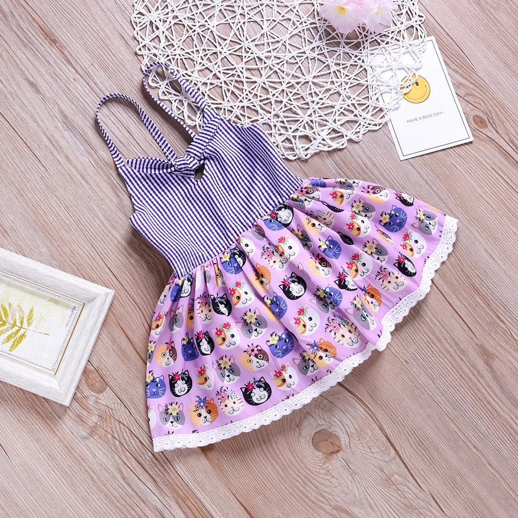 Bady Girl Dress Strap Cartoon Print Summer Dresses For Bow Lace Patchwork Princess Casual vestido infantil | Детская одежда и