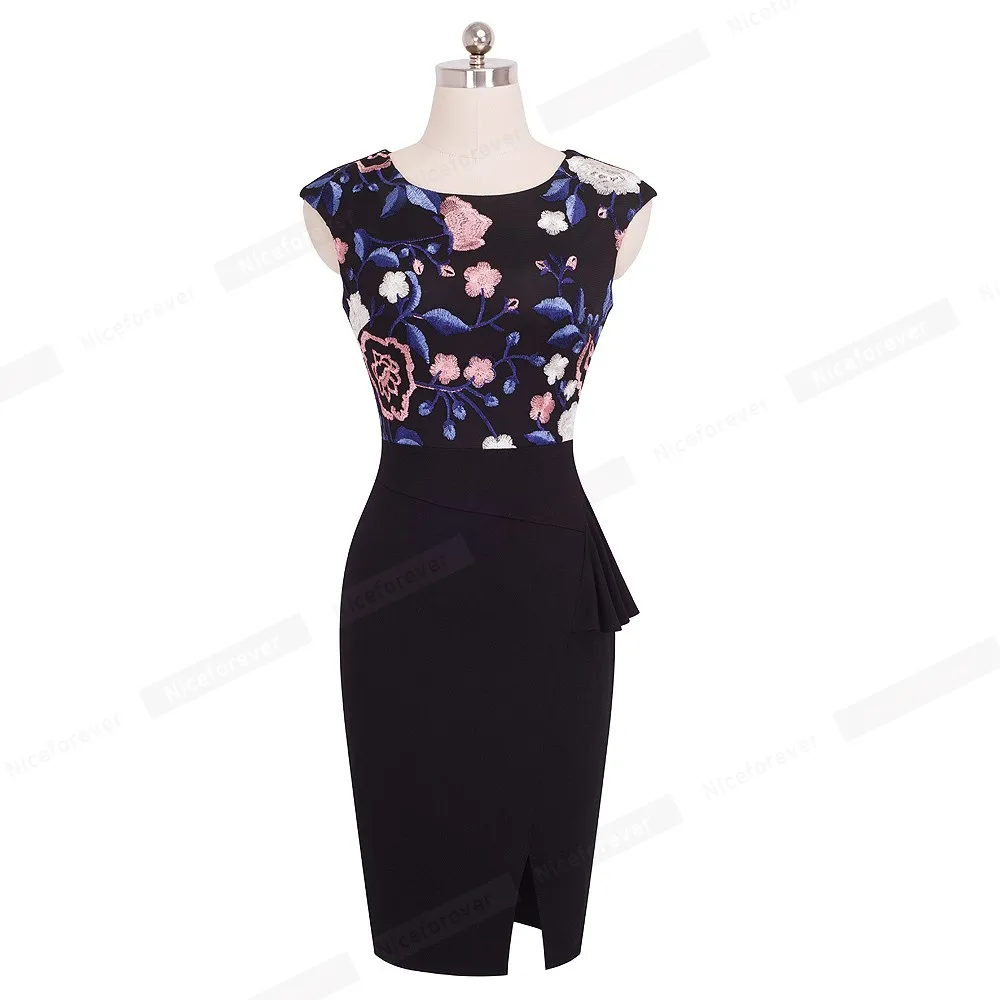 Nice forever Винтаж Цветочная вышивка с сеткой носить на работу рюшами vestidos облегающее