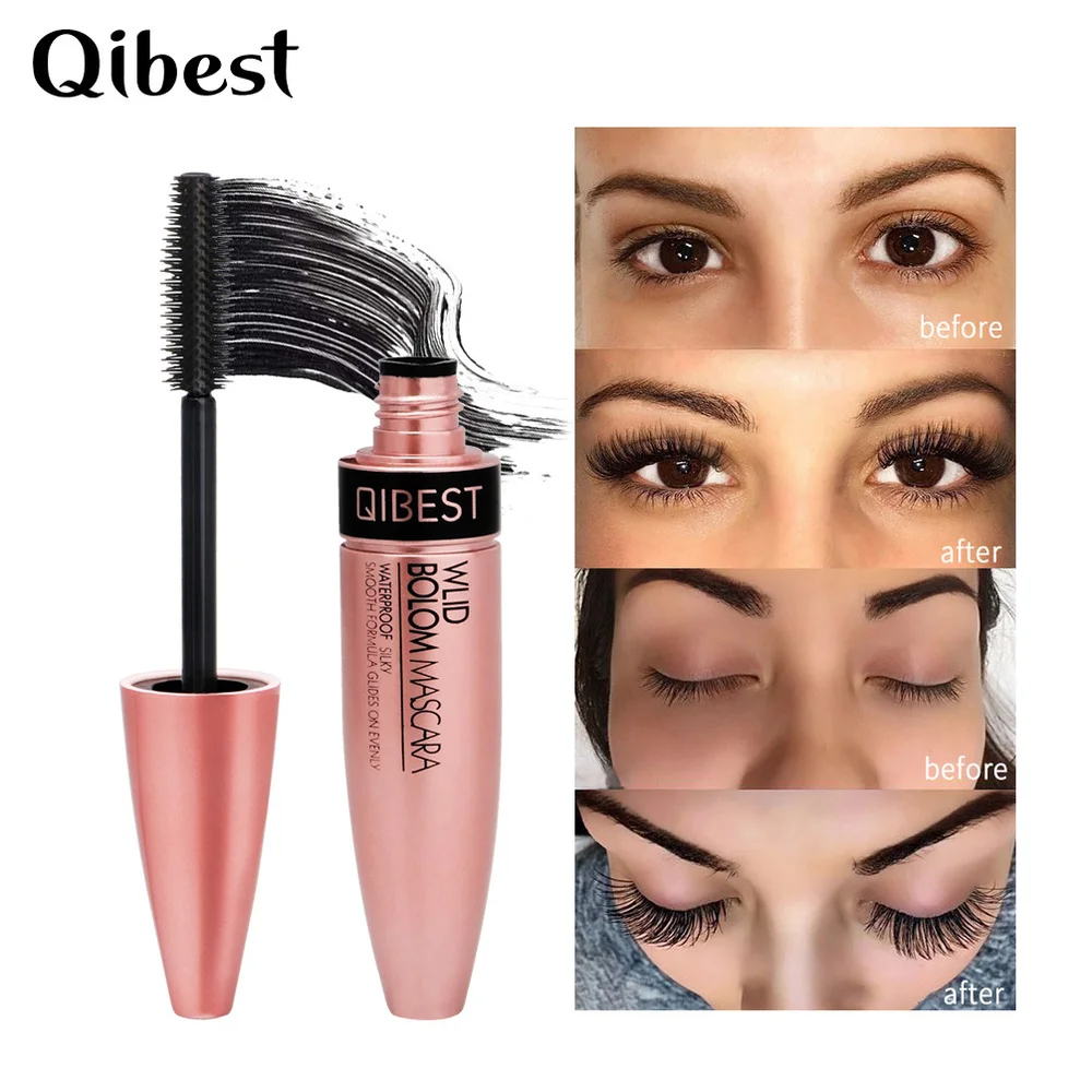 Qibest, новинка, 4d волокно, тушь для ресниц, водостойкая, для макияжа глаз, Rimel, Подкручивающая, толстая, удлиняющая ресницы, для женщин, длинная тушь для ресниц