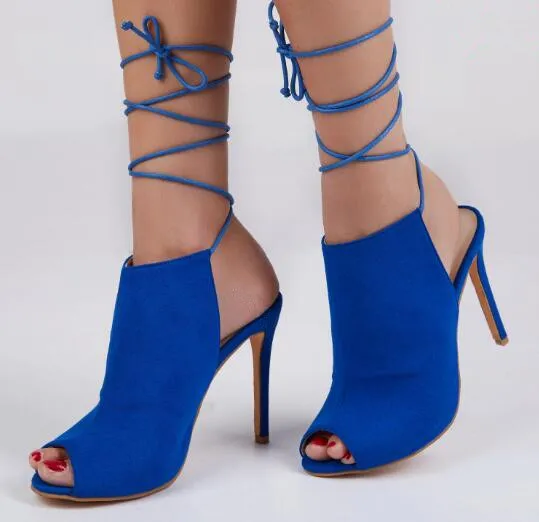 Online Plus Ukuran Euro 35-43 Cross-terikat Lace Up Sandal Untuk Wanita Peep Toe Slingbacks Stiletto Heels Suede Booties Ankle Boots 3 Warna