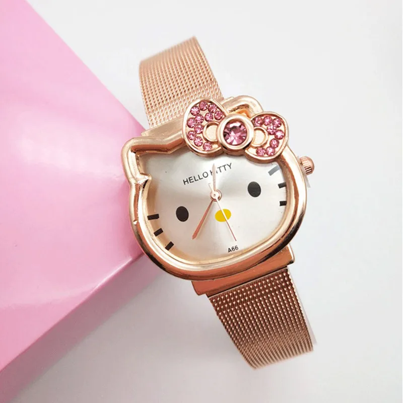 Rose Gold KT кварцевые часы из нержавеющей стали Hello kitty, Детские бриллиантовые часы для девочек и мальчиков, студенческие часы, наручные часы - Цвет: Rose Gold