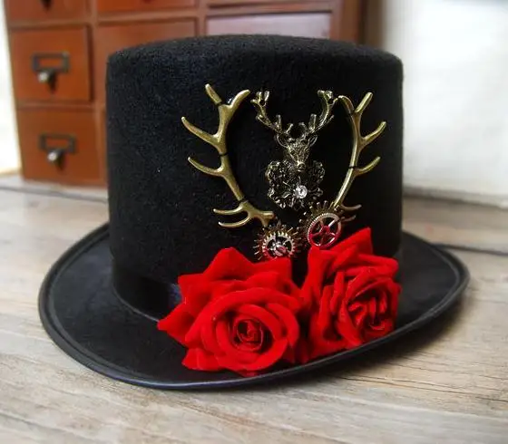 Стимпанк Шестерни и голова оленя Top Hat Ретро Готическая Лолита Шляпы фетровые для женщин Шапки с роза панк Шапки Косплэй вечерние Женские аксессуары для волос