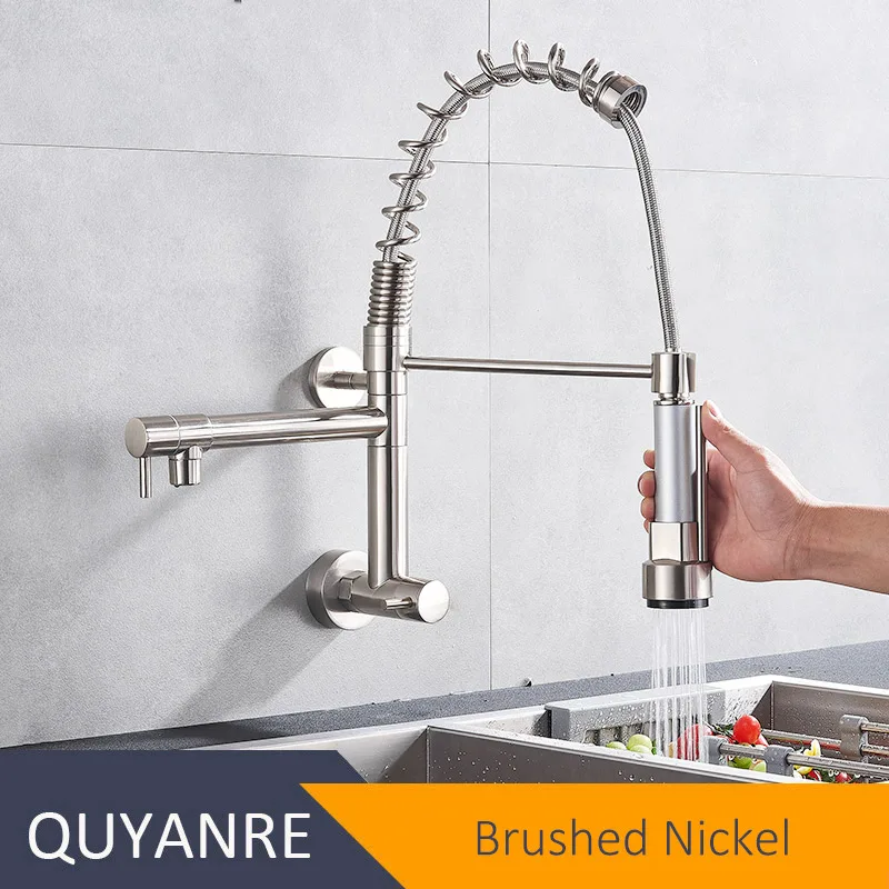 Brushed Nickel Черный настенный кухонный пружинный кран с двумя носиками, вращение на 360, одиночный холодный кухонный смеситель, кран для кухни - Цвет: Brushed Nickel