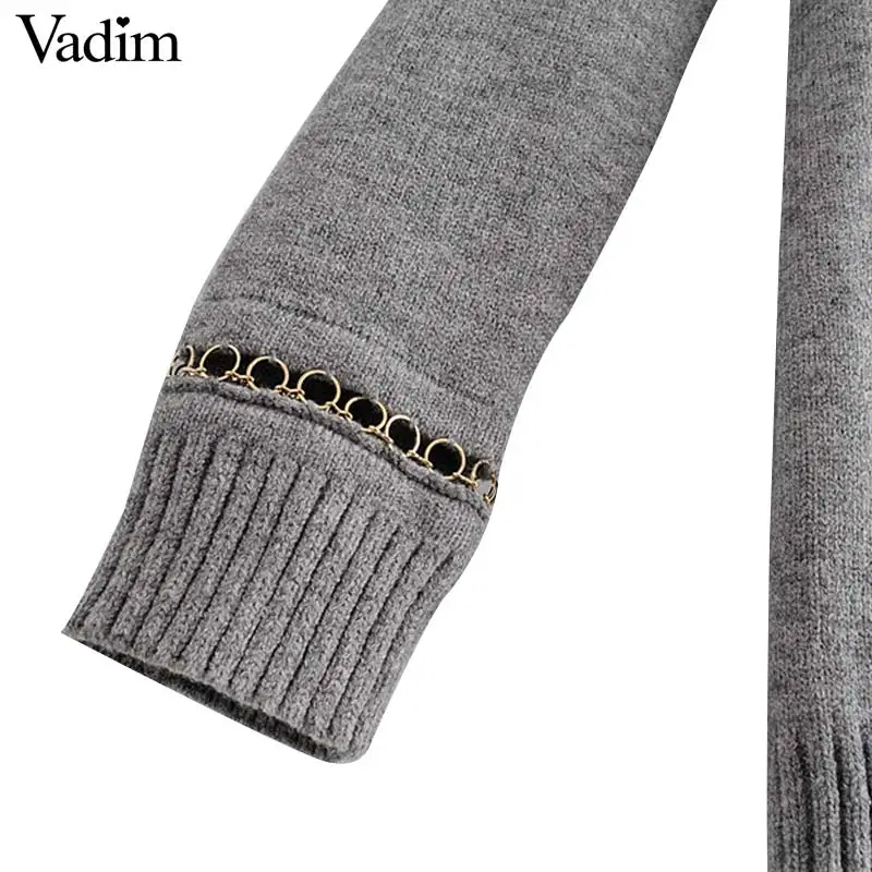 Vadim women chain patchwork knitted sweater V neck preppy style long sleeve pullovers female cute stretchy casual tops HA194 | Женская