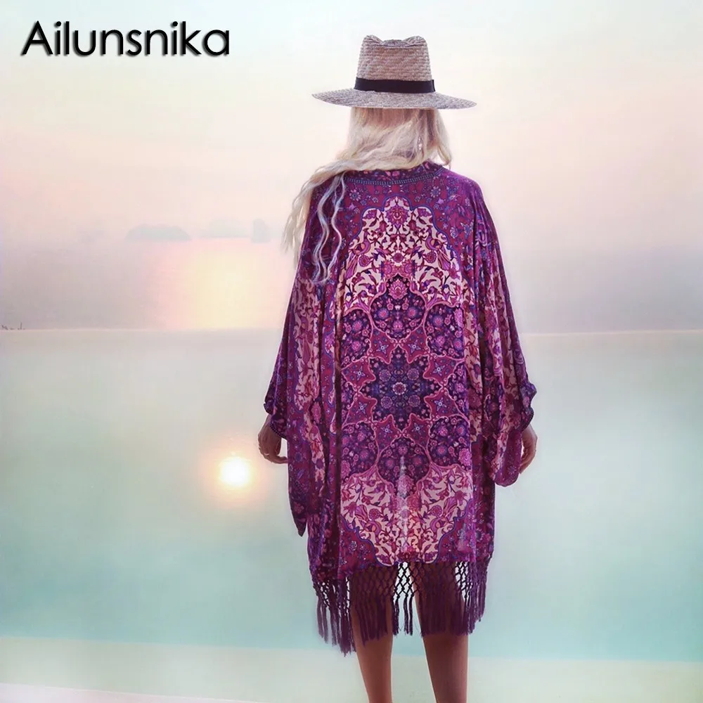 Ailunsnika 2018 для женщин Большие размеры фиолетовый Цветочный принт рукав "летучая