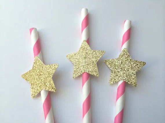

cheap pink Stripe Paper Star Paper Straws with Gold Glitter Star - wedding, engagement, birthday, baby shower, tea party straw