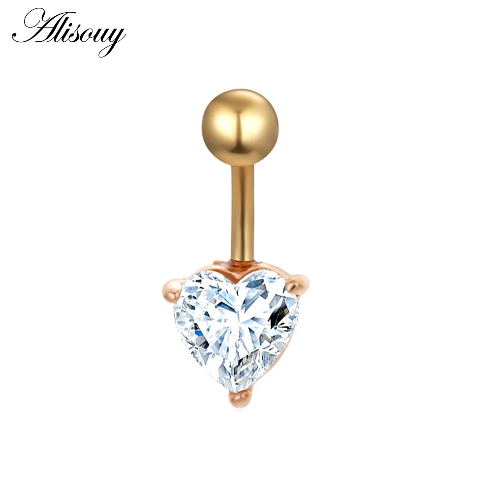EM0616D1 Love Heart Belly Button Rings Bar Gold Color Surgical Steel Navel Piercing Sexy Body Jewelry for Women CZ Navel Piercing rings - Окраска металла: EM0616D1