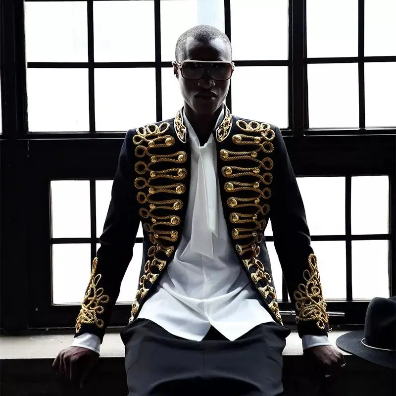 M-4XL Men blazer black golden embroidery coat Jacket Bar Male DJ Singer Slim Coat Stage Costume Plus Size