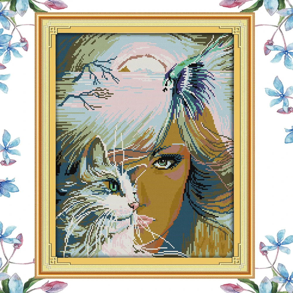 NKF Girl and Cat Counted Cross Stitch Sets Needlework DIY Kits Embroidery Chinese Pattern for Home Decor | Дом и сад