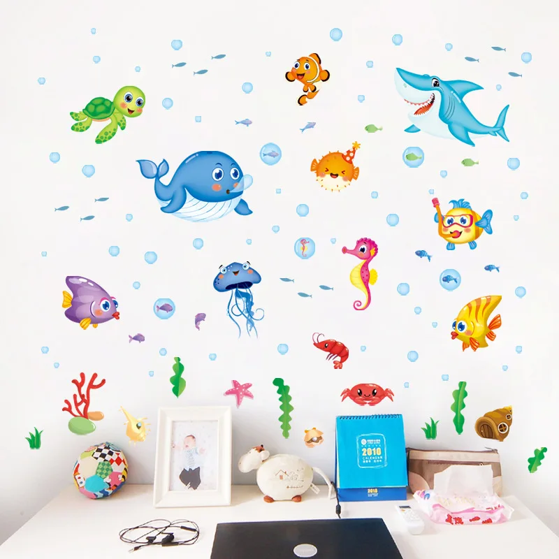 Sea World мультфильм настенный стикер рыбка ПВХ материал DIY настенные наклейки для