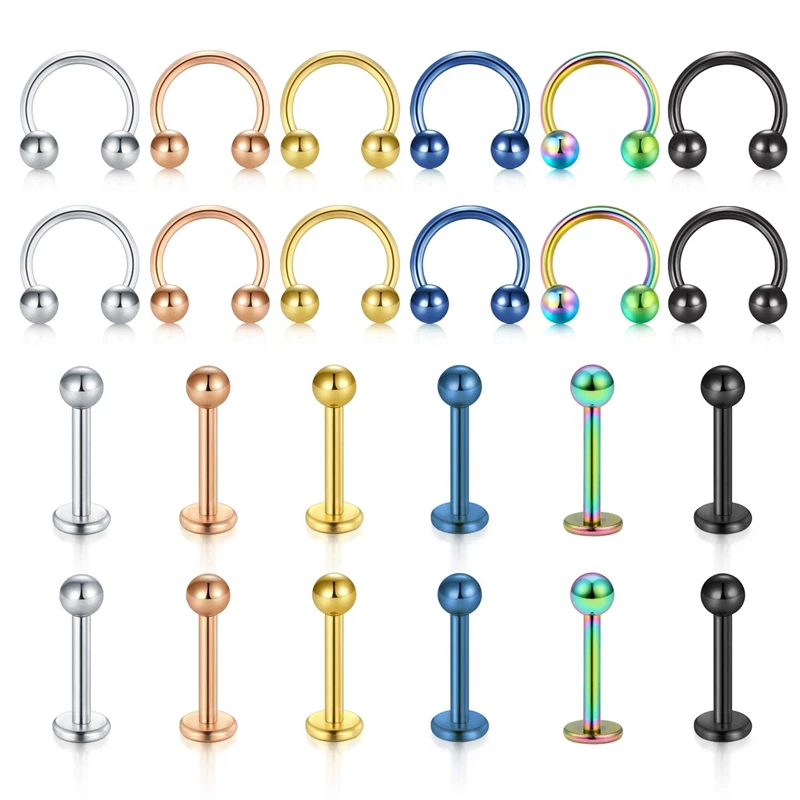 

24PCS 16G Surgical Steel Horseshoe & Lip Rings Nose Ear Septum Nos Cheek Tongue Cartilage Conch Tragus Labret Monroe Helix