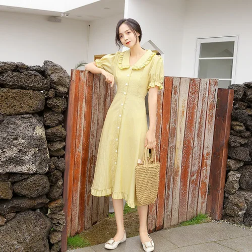 

Retro Puff Sleeve Long Dresses Woman Peter Pan Collar Yellow Mori Girl Elegant Ruffle Women's Dresses Casual Single Breasted