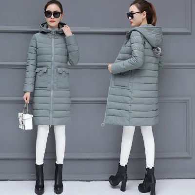 Gray green Новинка, зимняя женская куртка, плюс размер, 3XL, женские парки, теплая верхняя одежда, одноцветные пальто с капюшоном, Длинная женская тонкая хлопковая Базовая куртка - Цвет: Gray green