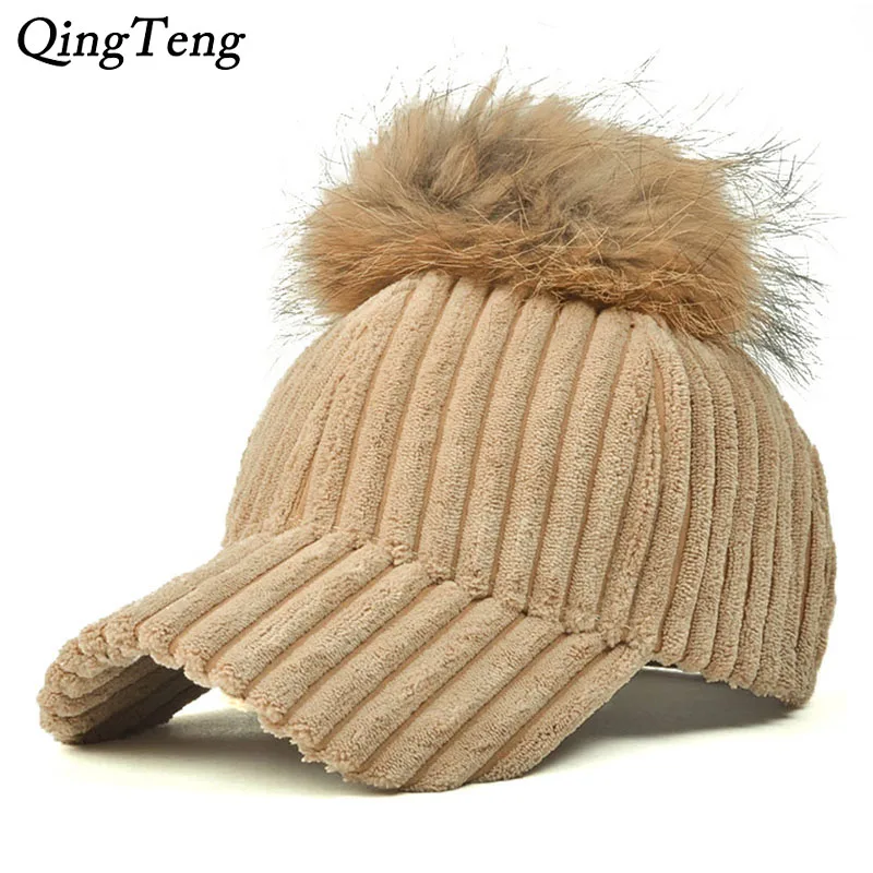 Бейсболка с помпоном из натуральной норки Вельветовая Кепка зимняя шапка для