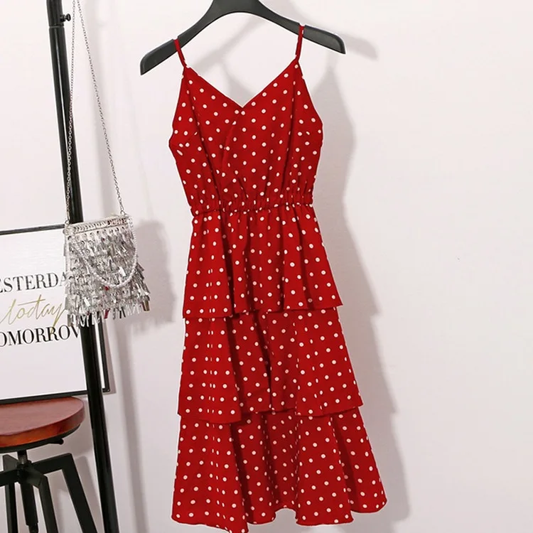 short red Шифоновое летнее платье для женщин повседневное платья размера плюс А-силуэта элегантные сексуальные длинные вечерние платья пляжное Бандажное платье в белый горошек - Цвет: short red