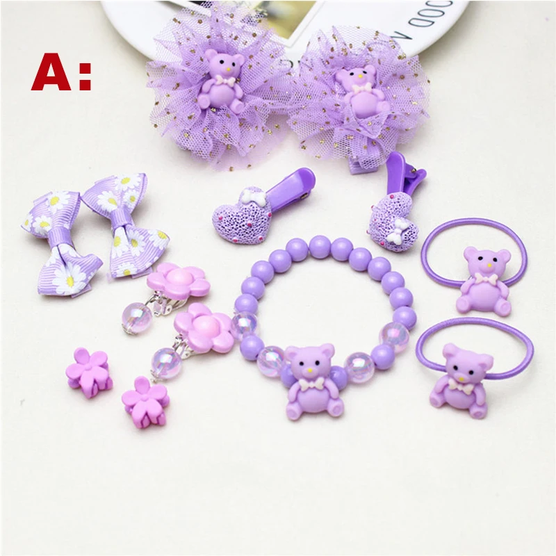 New kids Christmas Jewelry Combination Girls Gift Box Purple bear Necklace Hairpin Hairband Bracelet Earrings Set Year | Детская одежда
