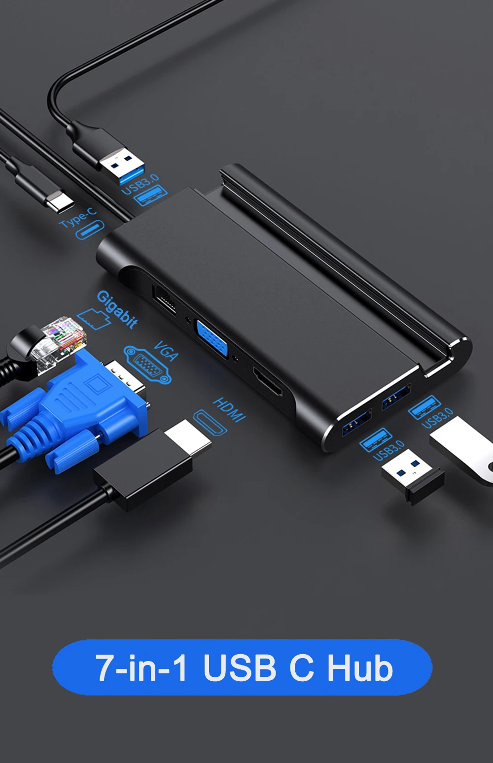 USB-C концентратор USB 3,0 HDMI VGA RJ45 Ethernet адаптер с держателем для телефона стенд Thunderbolt 3 PD для MacBook Pro huawei USB C концентратор