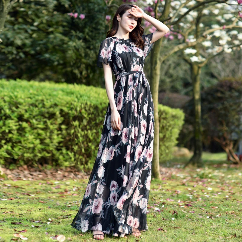 Богемное цветное шифоновое длинное платье макси с цветочным принтом свободное