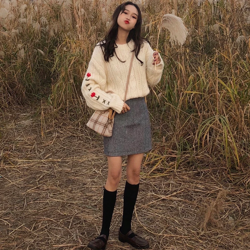 pull hiver femme 2018 fall wianter fashion harajuku long sleeve tops knitted Embroidery flowers chandail oversized sweater | Женская