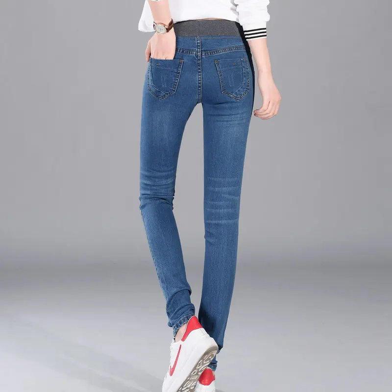 Женские ковбойские брюки синие узкие с эластичной резинкой на талии модель NO840