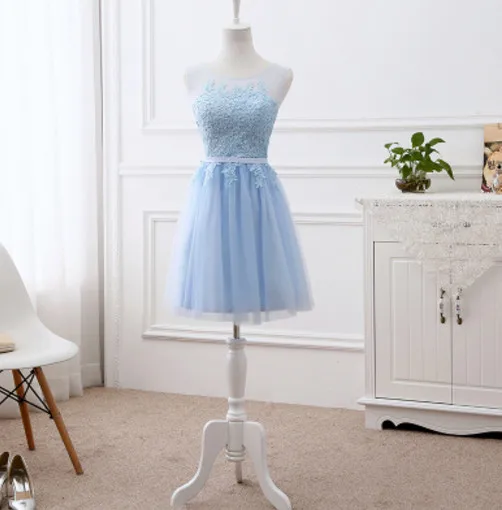 light blue short Vestido De Noiva, новинка, розовое платье подружки невесты с длинными аппликациями, кружевное, прозрачное, с вырезом, сиреневое, элегантное, свадебное, выпускное, вечерние, торжественное платье - Цвет: light blue short