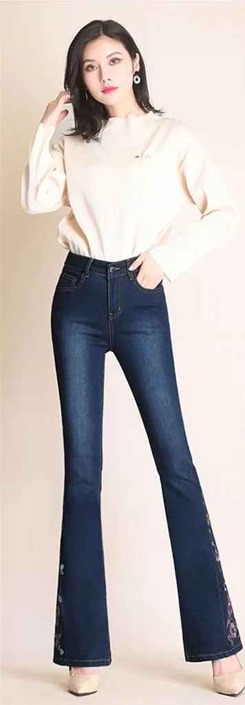 Dark Blue Новые женские расклешённые джинсовые брюки с вышивкой, высокая талия, женские повседневные джинсы с цветочным рисунком, высококачественные узкие облегающие брюки - Цвет: Dark Blue