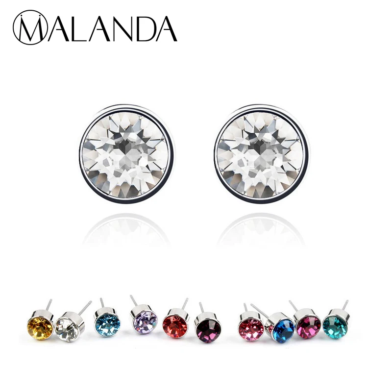 Malanda круглый кристалл от Swarovski Мода пирсинг Серьги-гвоздики для Для женщин Девушка подарок свадебный Серьги Jewelry 11 цветов
