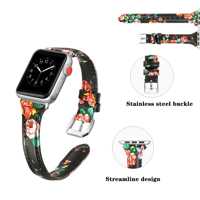 Кожа Тонкий спортивный браслет ремни для Apple Watch группа 4 44/40 мм цветочный мужчин/женщин часы ремешок для iwatch серии 3/42/38 мм