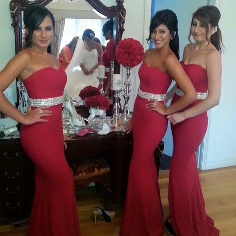 

Red Long Mermaid Bridesmaid Dresses Hot Sweetheart Sparkly Beaded Sashes Bridesmaids Dress Sexy Gowns Vestido festa