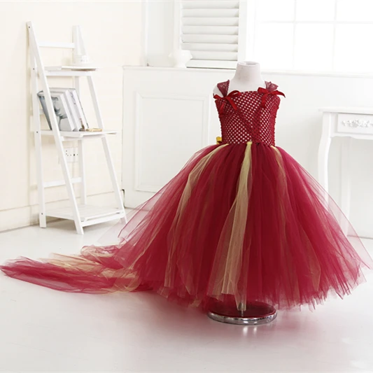 

Princess Burgundy Gold Flower Girl Dresses Lace Strap Girl Tutu Dresss with Long Train Tulle Toddler Wedding Birthday Dress