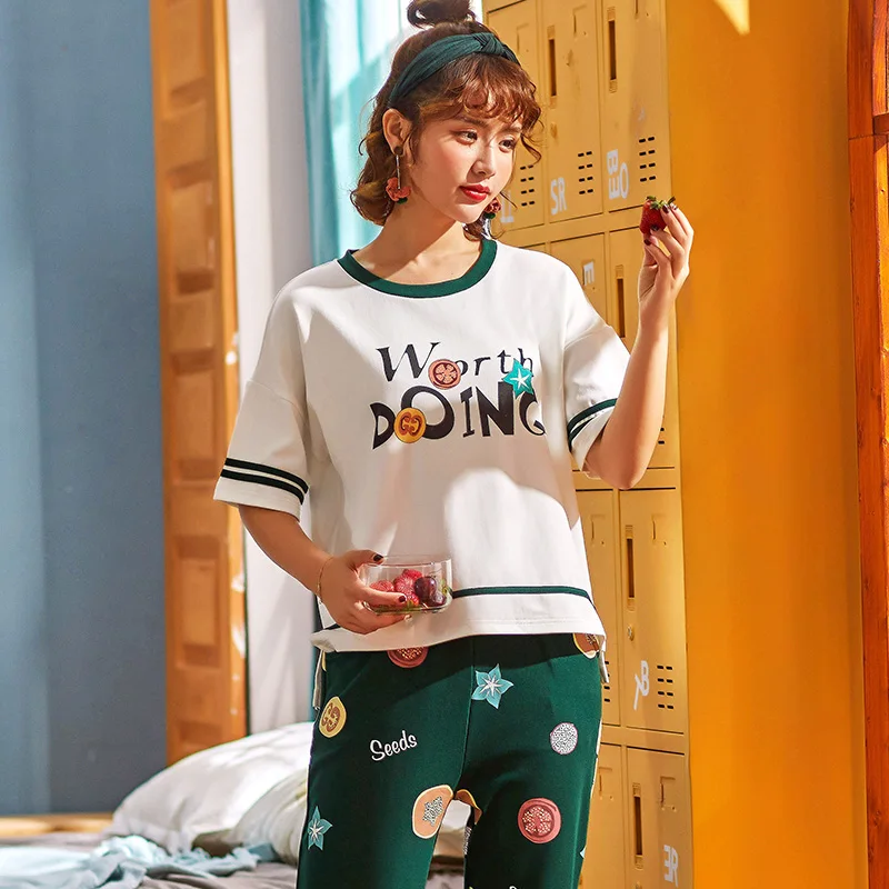 Женские летние Пижамные комплекты с коротким рукавом 100% хлопок пижама принтом