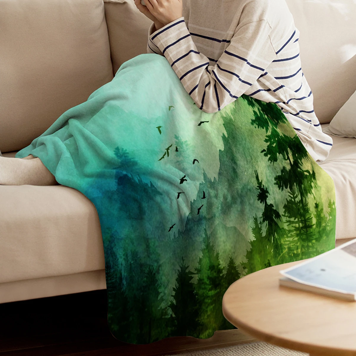 Bighдома горный утром зеленый плед одеяло теплое из микрофибры фланелевое для