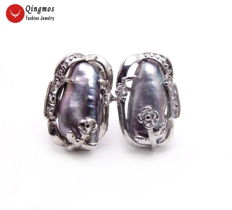 

Qingmos Fashion Natural Pearl Earrings for Women with Black 10*14mm Biwa Baroque Pearl Silver Plate Stud Earrings Jewelry ear709