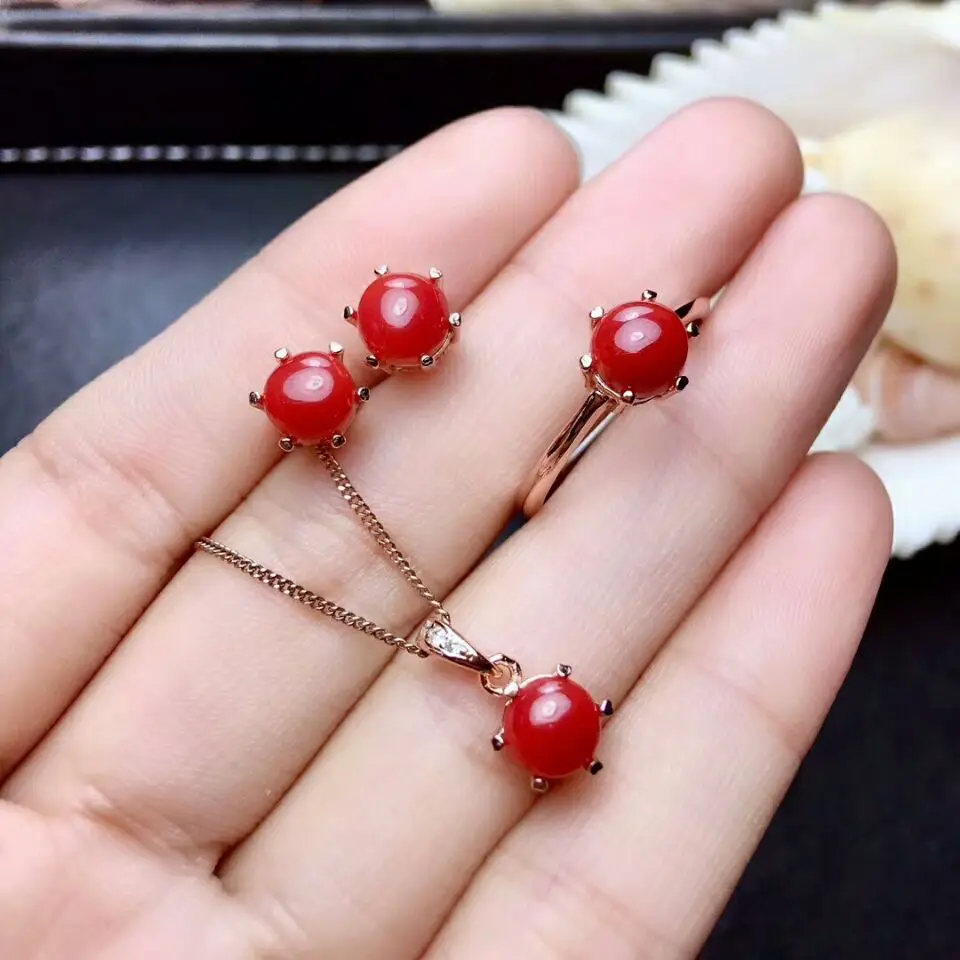 Rose gold Set MeiBaPJ натуральные красные коралловые комплект ювелирных изделий из драгоценных камней Настоящее серебро 925 кольцо, ожерелье, серьги 3 шт. костюмы Свадебные украшения для женщин - Цвет камня: Rose gold Set