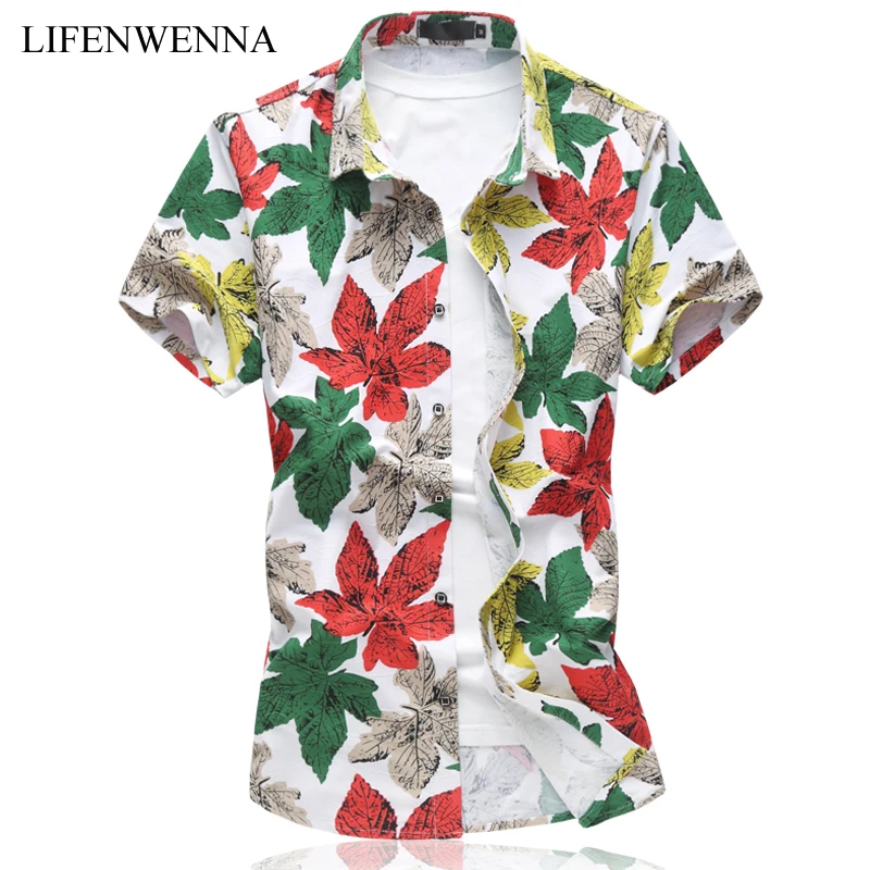 

Plus Size 6XL Men's Shirt 2019 Summer Fashion Leaves Print Short Sleeve Shirt Mens Clothes Trend Casual Slim Fit Print Shirt Men