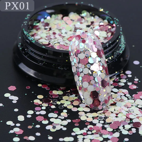 PX01 3D Круглый шестиугольник смешанные блестки гвозди чешуйчатая голографическая ногтей блестящая пудра акрил DIY Русалка Paillette маникюр Советы CHPX01-12 - Цвет: PX01