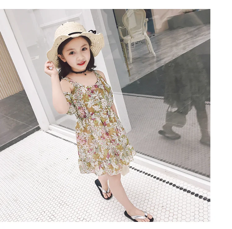 2018 summer Korean version of the new girl floral strapless straps lotus leaf chiffon fashion princess dress | Детская одежда и
