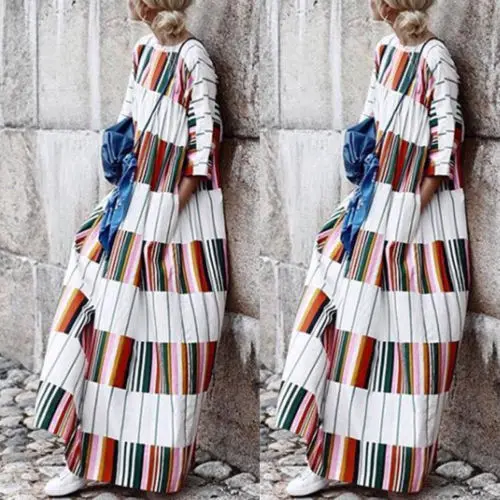 Для женщин Дамы Boho платье с длинными рукавами 2018 г. Новая мода осень в полоску