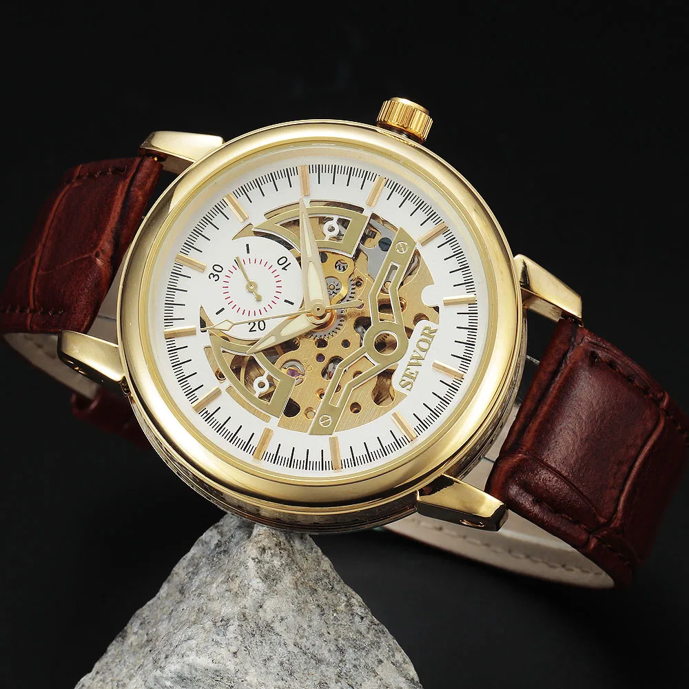 SEWOR модные повседневные полые дизайнерские часы от известного бренда Montre Homme, черные золотые часы, мужские роскошные брендовые Автоматические наручные часы