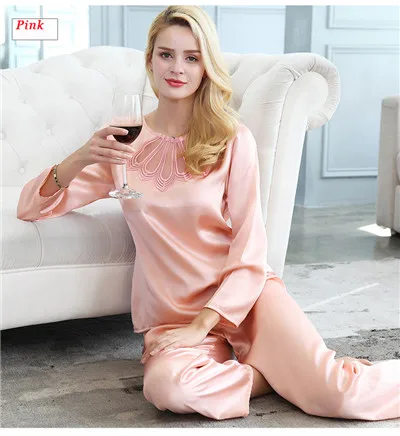Pink color Натуральный шелк, женская модная трендовая Пижама, комплект со штанами, высокое качество, mulbery, одноцветная Пижама, комплект для отдыха, полный рукав, пижама 2 шт - Цвет: Pink color