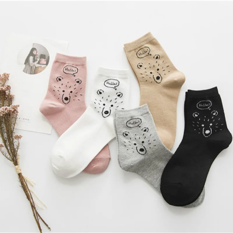 Женские короткие носки с милым медведем и животным принтом сезон осень зима