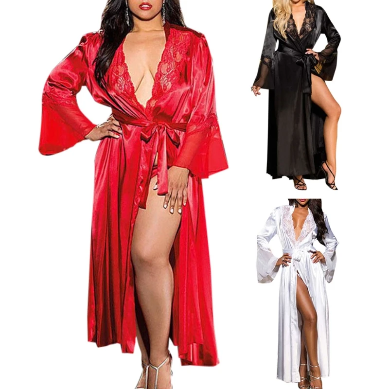 Женское сексуальное длинное кимоно кружевное банное платье шелковое нижнее