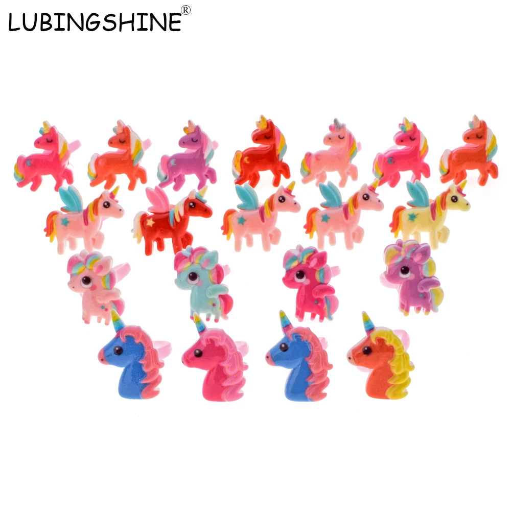 LUBINGSHINE, регулируемые детские кольца, акриловые ювелирные изделия, милое животное, единорог, лошадь, Открытое кольцо для детей, девочек, 20 шт./лот